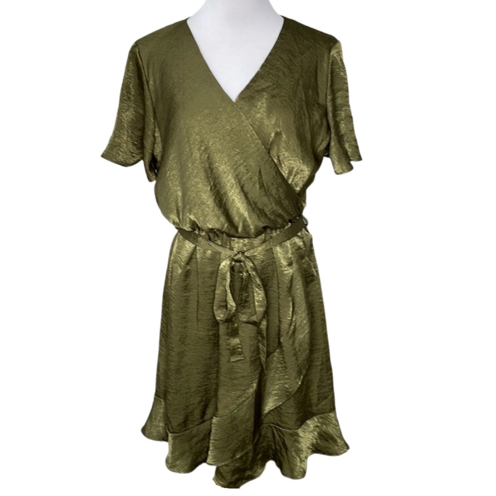 Everly Green Satin Feel Faux Wrap Casual Dress